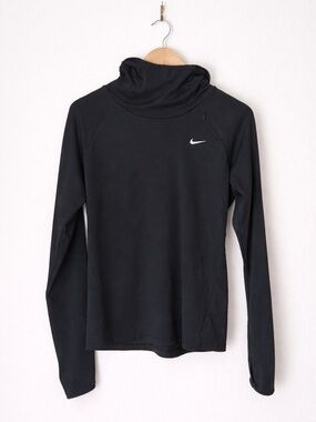 Nike Dri-Fit Running Pullover Black Half Zip Hooded Long Sleeve Thumbholes Sz M
